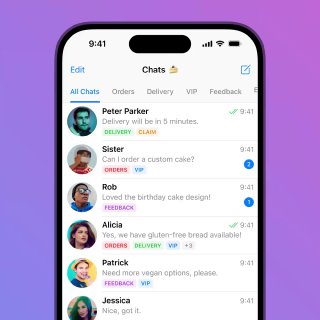 Tagar Folder. Pengguna Telegram Business dapat membubuhkan label berwarna ke obrolan menurut fol...