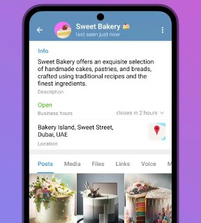 Lokasi dan Waktu Bisnes. Pengguna Telegram boleh tukar profil mereka kepada laman bisnes Lokasi dan Waktu Bisnes. Pengguna Telegram boleh tukar profil mereka kepada laman bisnes